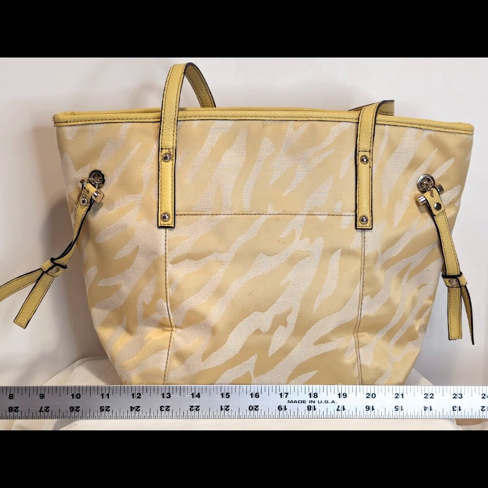 Beautiful ANNE KLEIN Yellow & White Zebra Print Fabric Large Tote w/Brown Lining - Picture 4 of 5